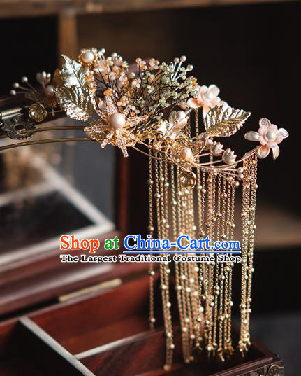 Chinese Classical Golden Tassel Phoenix Coronet Traditional Wedding Headdress Xiuhe Suit Bride Beads Hair Crown