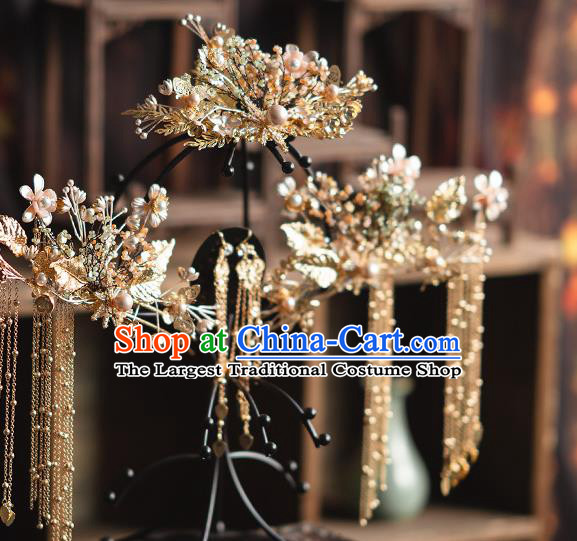 Chinese Classical Golden Tassel Phoenix Coronet Traditional Wedding Headdress Xiuhe Suit Bride Beads Hair Crown