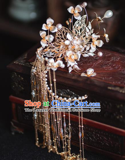 Chinese Classical Bride Tassel Hair Sticks Traditional Wedding Headwear Xiuhe Suit Golden Flowers Hairpins