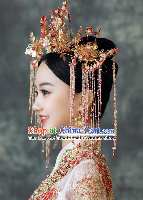 Chinese Classical Bride Tassel Hair Crown Traditional Wedding Hair Accessories Xiuhe Suit Phoenix Coronet