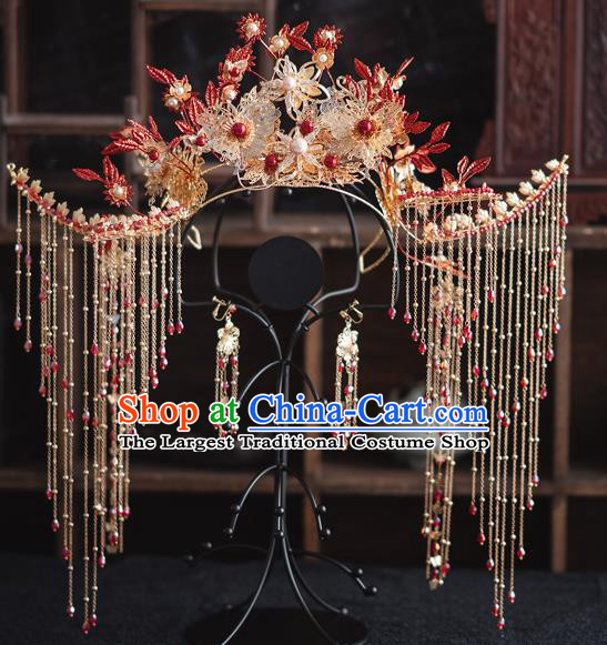 Chinese Classical Bride Tassel Hair Crown Traditional Wedding Hair Accessories Xiuhe Suit Phoenix Coronet
