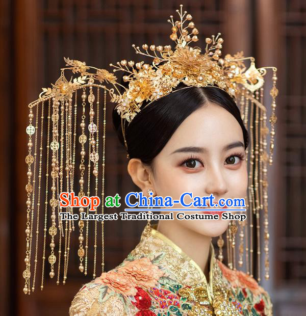 Chinese Classical Bride Luxury Tassel Phoenix Coronet Traditional Wedding Hair Accessories Xiuhe Suit Golden Hair Crown