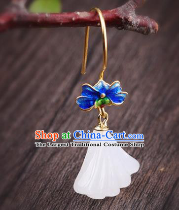 China Handmade Cheongsam Jade Ginkgo Leaf Earrings Traditional Blueing Lotus Ear Accessories
