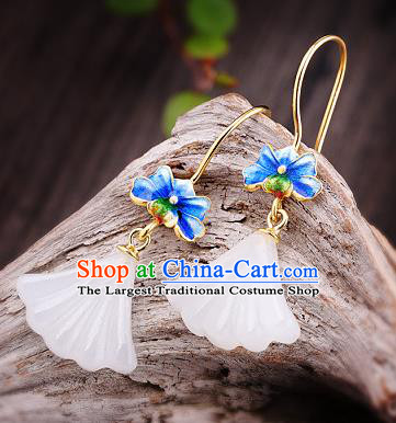 China Handmade Cheongsam Jade Ginkgo Leaf Earrings Traditional Blueing Lotus Ear Accessories
