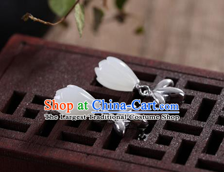 China Handmade Silver Earrings Traditional Cheongsam Jade Mangnolia Ear Accessories