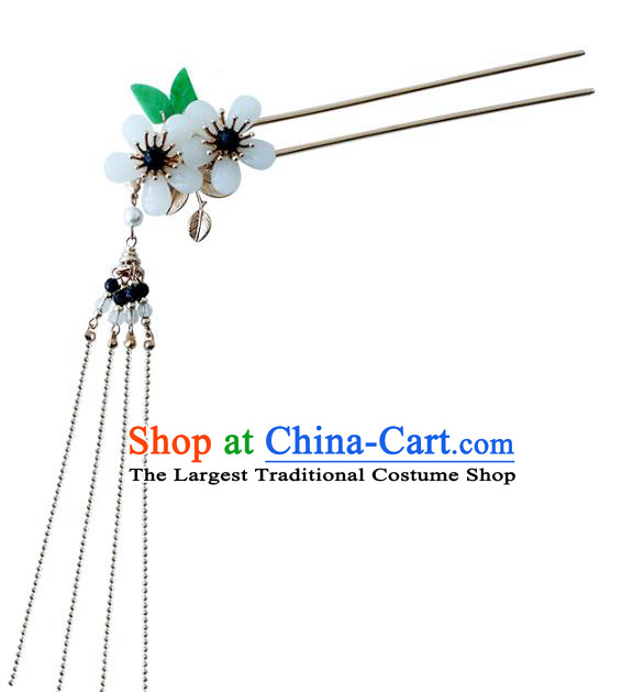 Chinese Ancient Palace Lady Long Tassel Hairpin Traditional Hanfu Ming Dynasty White Plum Blossom Hair Stick