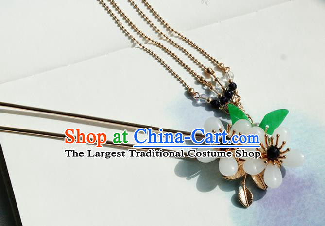 Chinese Ancient Palace Lady Long Tassel Hairpin Traditional Hanfu Ming Dynasty White Plum Blossom Hair Stick