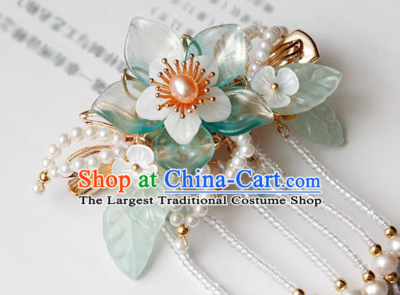 Chinese Ancient Princess Pearls Tassel Hair Stick Traditional Hanfu Ming Dynasty Green Flower Hair Claw