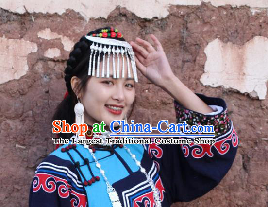 Chinese Liangshan Ethnic Bride Headwear Traditional Yi Nationality Minority Folk Dance Silver Hair Clasp