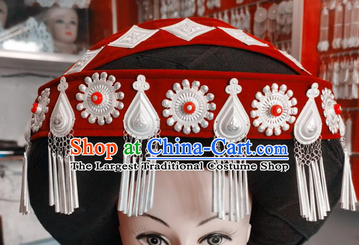 Chinese Liangshan Ethnic Silver Tassel Headwear Traditional Yi Nationality Stage Performance Red Hat