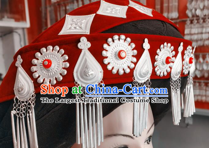 Chinese Liangshan Ethnic Silver Tassel Headwear Traditional Yi Nationality Stage Performance Red Hat