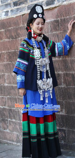 China Yi Nationality Woman Folk Dance Clothing Traditional Liangshan Ethnic Stage Performance Costumes and Hat