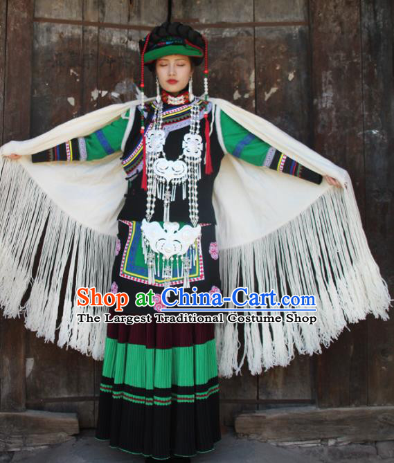 China Yi Nationality Wedding Bride Green Outfits Clothing Traditional Liangshan Ethnic Stage Performance Costumes and Hat