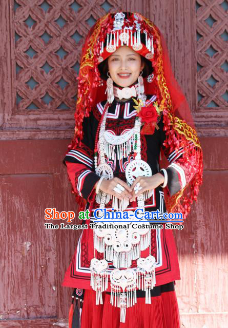 China Traditional Liangshan Ethnic Bride Costumes Yi Nationality Minority Wedding Outfits Clothing and Headwear