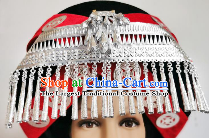 Chinese Liangshan Ethnic Stage Performance Headwear Traditional Yi Nationality Wedding Silver Tassel Red Hat