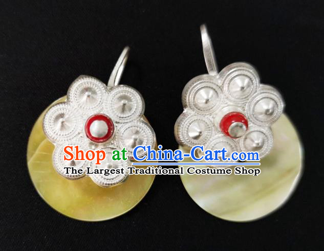 China Traditional Yi Nationality Silver Ear Accessories Handmade Liangshan Ethnic Yellow Shell Earrings