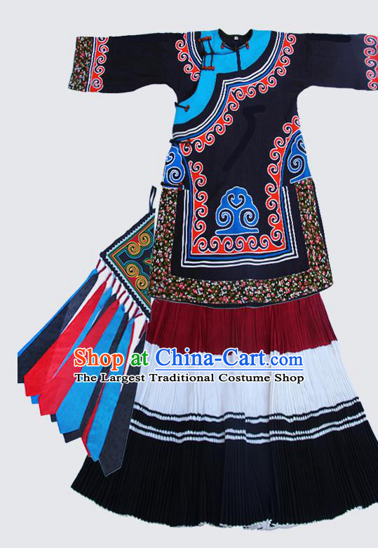 China Traditional Liangshan Ethnic Stage Performance Costumes Yi Nationality Minority Folk Dance Outfits Clothing and Headpiece