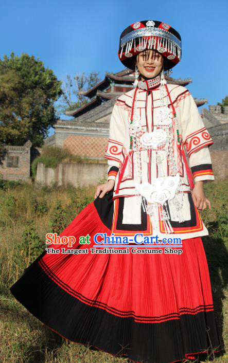 China Yi Nationality Bride Outfits Clothing Traditional Liangshan Ethnic Stage Performance Costumes and Headdress