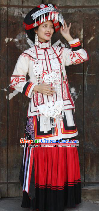 China Yi Nationality Bride Outfits Clothing Traditional Liangshan Ethnic Stage Performance Costumes and Headdress