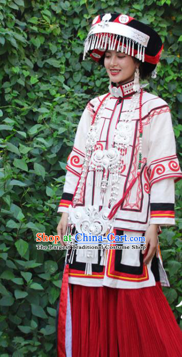 China Yi Nationality Bride Outfits Clothing Traditional Liangshan Ethnic Stage Performance Costumes and Headdress