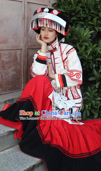 China Yi Nationality Bride Outfits Clothing Traditional Liangshan Ethnic Stage Performance Costumes and Headdress