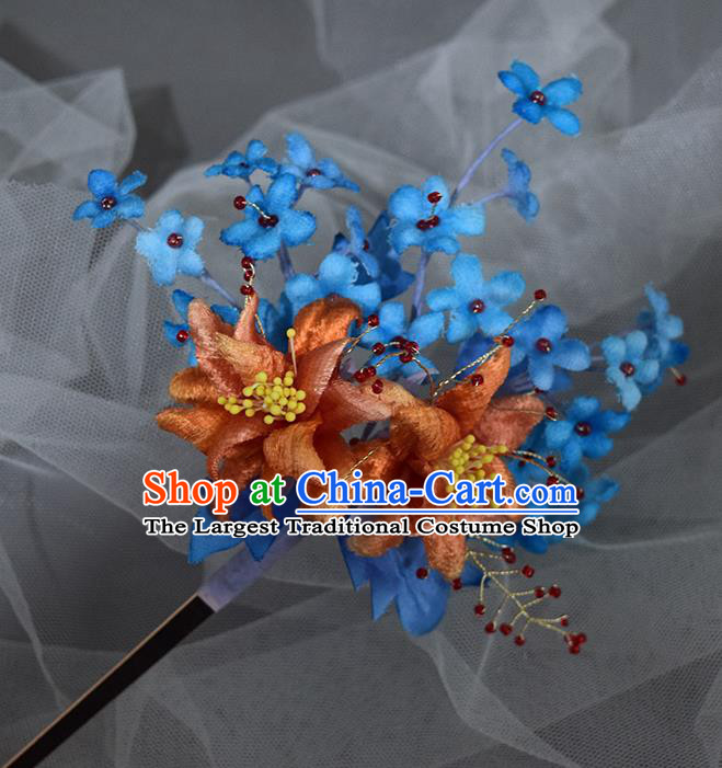 Chinese Handmade Ancient Princess Blue Silk Flowers Hairpin Traditional Ming Dynasty Hair Stick