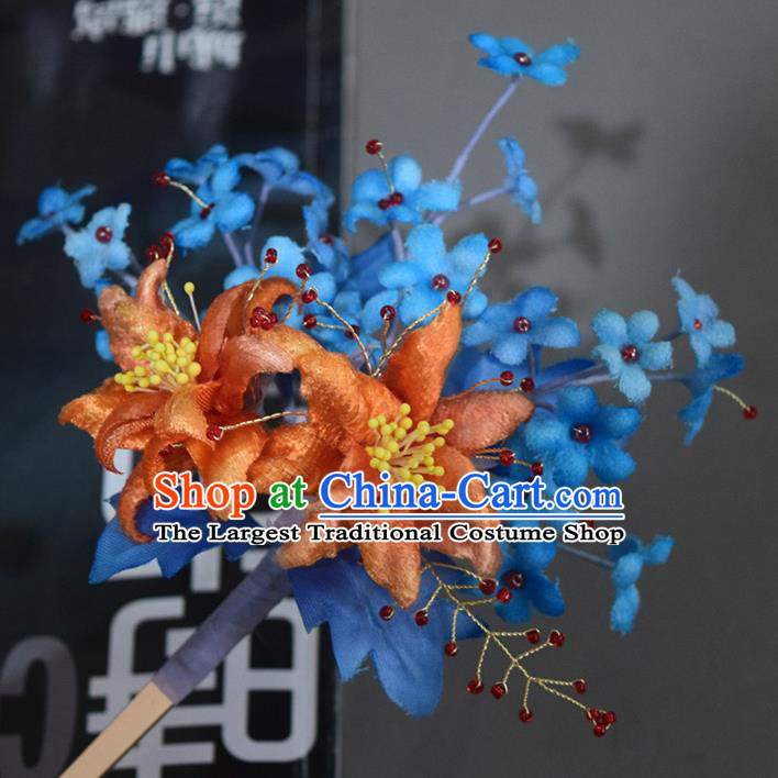 Chinese Handmade Ancient Princess Blue Silk Flowers Hairpin Traditional Ming Dynasty Hair Stick