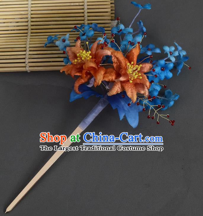Chinese Handmade Ancient Princess Blue Silk Flowers Hairpin Traditional Ming Dynasty Hair Stick