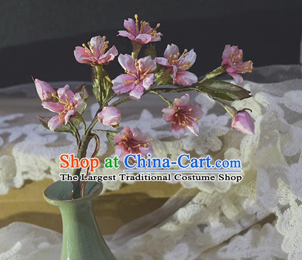 Chinese Handmade Ancient Princess Hairpin Traditional Ming Dynasty Pink Silk Sakura Hair Stick
