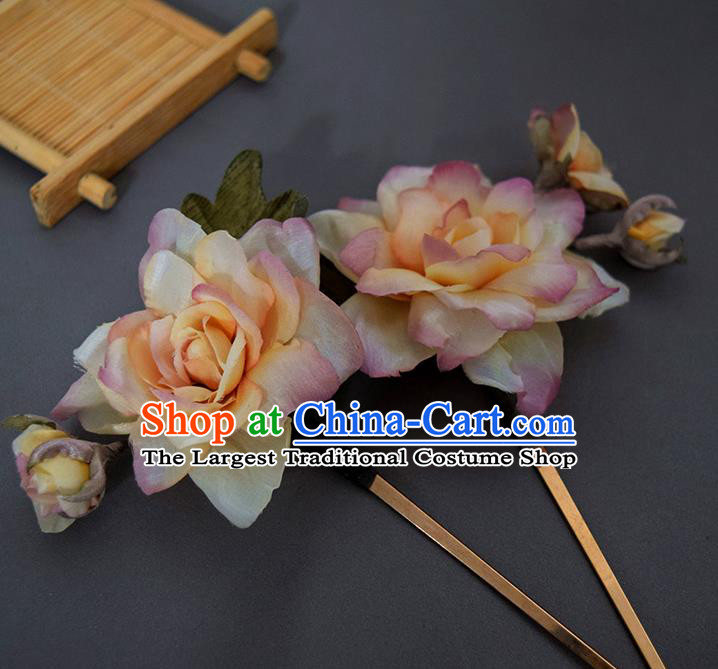 Chinese Handmade Ancient Court Woman Hairpin Traditional Ming Dynasty Pink Silk Gardenia Hair Stick