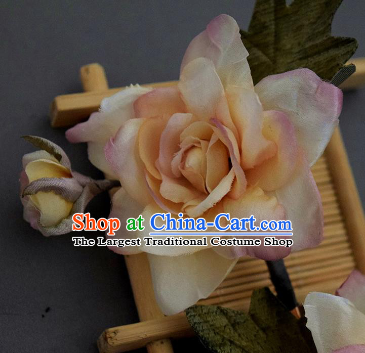 Chinese Handmade Ancient Court Woman Hairpin Traditional Ming Dynasty Pink Silk Gardenia Hair Stick