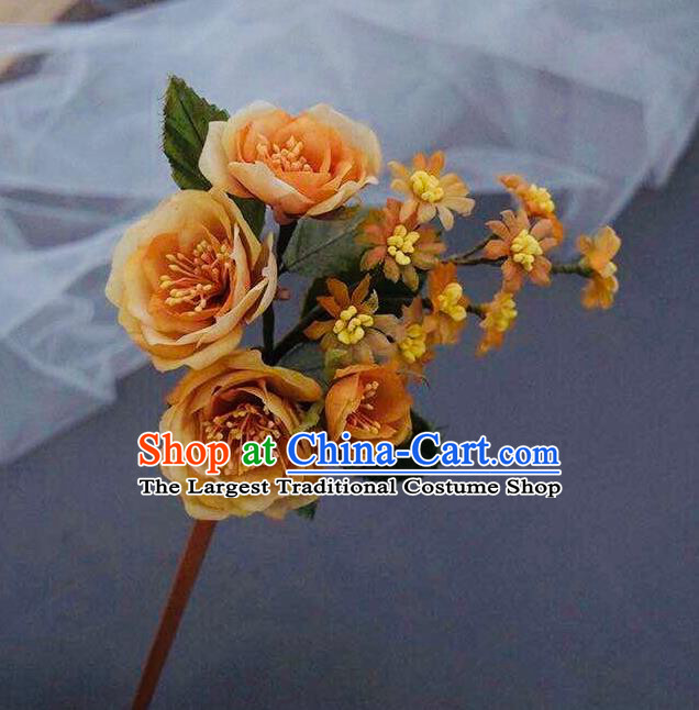 Chinese Handmade Ancient Palace Lady Hairpin Traditional Song Dynasty Orange Silk Flowers Hair Stick