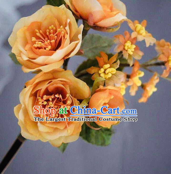 Chinese Handmade Ancient Palace Lady Hairpin Traditional Song Dynasty Orange Silk Flowers Hair Stick