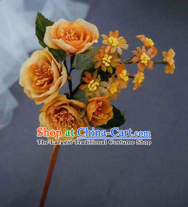 Chinese Handmade Ancient Palace Lady Hairpin Traditional Song Dynasty Orange Silk Flowers Hair Stick
