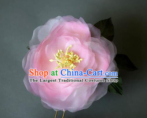 Chinese Ancient Imperial Concubine Pink Silk Peony Hairpin Traditional Tang Dynasty Princess Hair Stick