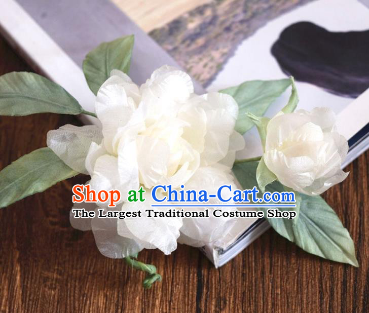 Chinese Handmade White Silk Gardenia Hairpin Traditional Qipao Dress Hair Stick