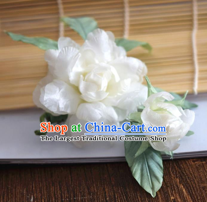 Chinese Handmade White Silk Gardenia Hairpin Traditional Qipao Dress Hair Stick