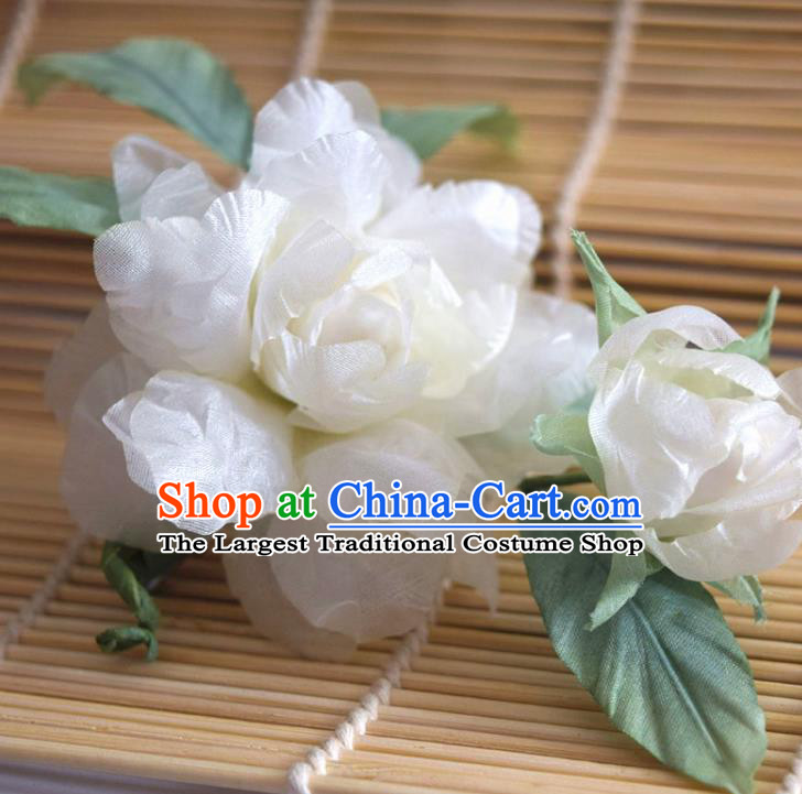 Chinese Handmade White Silk Gardenia Hairpin Traditional Qipao Dress Hair Stick