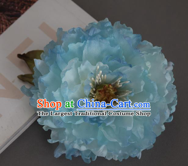 Chinese Traditional Ming Dynasty Blue Silk Peony Hair Stick Handmade Hair Accessories Cheongsam Hairpin