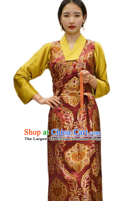 China Zang Nationality Red Brocade Bola Dress Clothing Tibetan Ethnic Woman Costume
