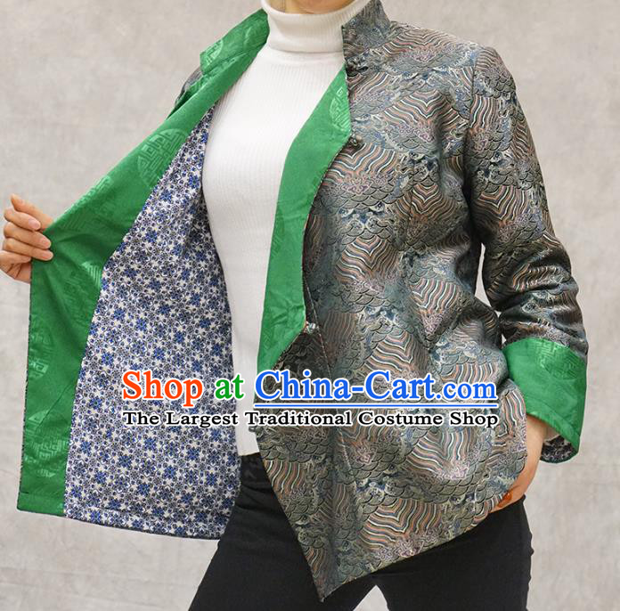 Chinese Zang Minority Grey Brocade Jacket Tibetan Nationality Woman Outer Garment Clothing