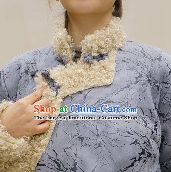 Chinese Tibetan Nationality Woman Outer Garment Winter Clothing Zang Minority Lilac Cotton Wadded Jacket