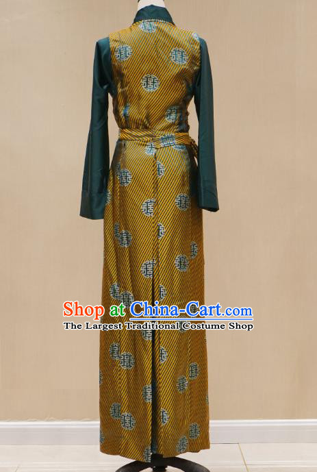 China Zang Nationality Golden Brocade Bola Dress Clothing Tibetan Ethnic Woman Stage Performance Costume