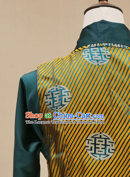 China Zang Nationality Golden Brocade Bola Dress Clothing Tibetan Ethnic Woman Stage Performance Costume