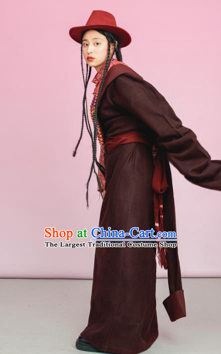 China Tibetan Ethnic Woolen Robe Costume Zang Nationality Folk Dance Clothing