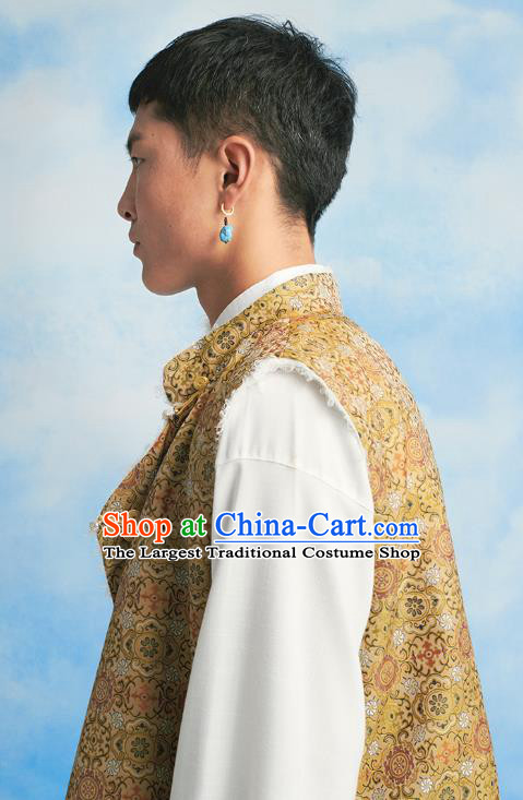 Chinese Zang Nationality Waistcoat Clothing Tibetan Ethnic Male Yellow Brocade Vest