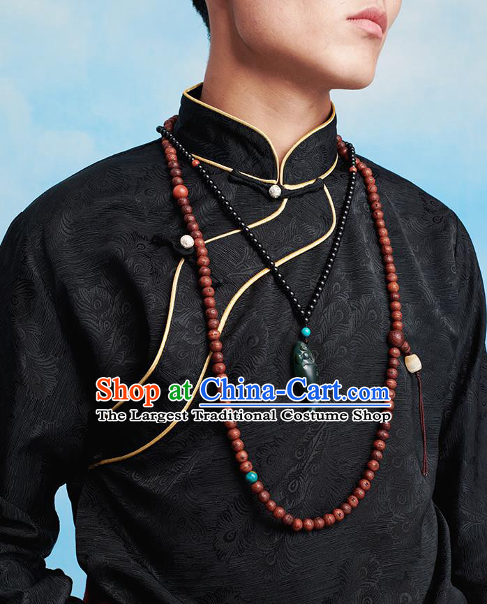 Chinese Zang Nationality Upper Outer Garment Clothing Tibetan Ethnic Black Brocade Shirt for Men