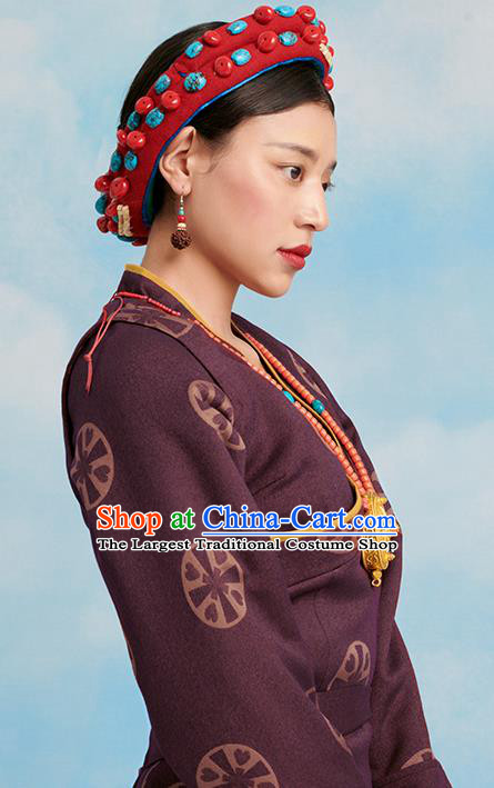 China Tibetan Ethnic Folk Dance Costume Zang Nationality Purple Bola Dress Clothing