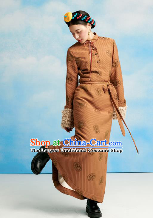 China Zang Nationality Ginger Lamb Wool Bola Dress Clothing Tibetan Ethnic Woman Winter Costume