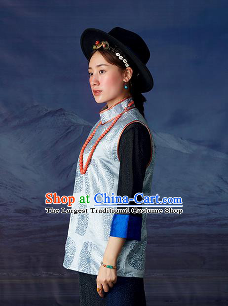 Chinese Tibetan Ethnic Light Blue Brocade Waistcoat Zang Nationality Vest Clothing